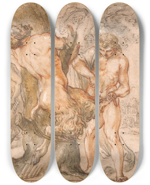 Triptych art skateboard deck of Franz Cleyn Apollo Flr Marsyas by Franz Cleyn (1582-1658)