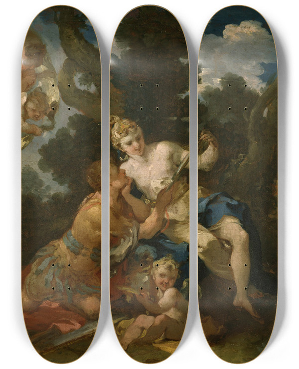 Triptych art skateboard deck of Michele Rocca Rinaldo And Armida by Michele Rocca (1666-1751)