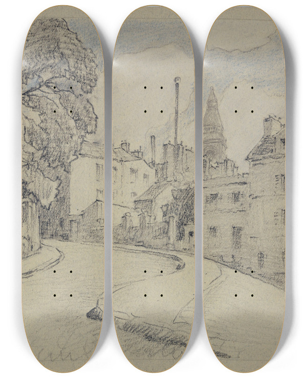 Triptych art skateboard deck of Ferdinand Boberg Rue Lepic Montmartre by Ferdinand Boberg (1860-1946)
