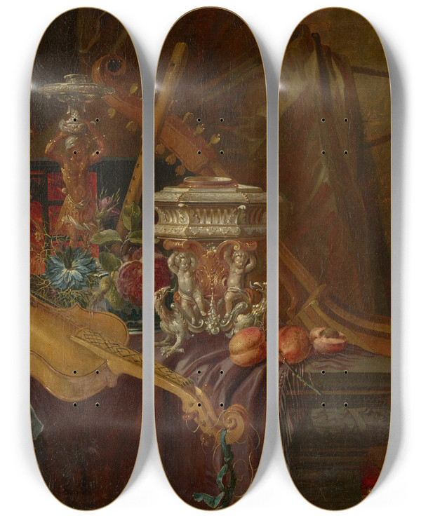Triptych art skateboard deck of Jeanbaptiste Van Moerkercke A Still Life With Musical Instruments by Jean-Baptiste van Moerkercke (1623-1689)