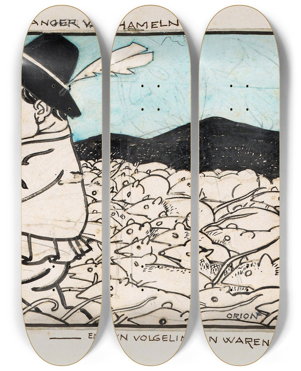 Triptych art skateboard deck of Patricq Kroon Kuyper Als De Rattenvanger Van Hamelen by Patricq Kroon (1862-1941)