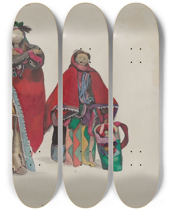 Triptych art skateboard deck of Jane Iverson Indian Dolls by Jane Iverson