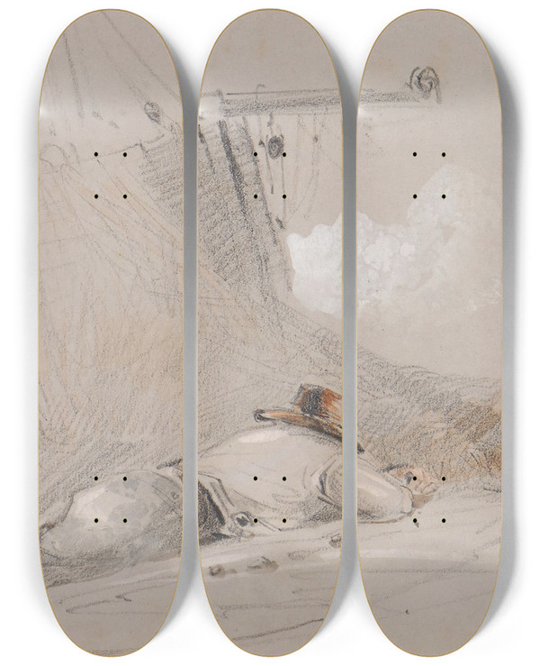 Triptych art skateboard deck of George Bryant Campion Mending Nets by George Bryant Campion (1795-1870)