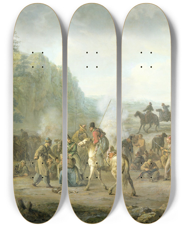 Triptych art skateboard deck of Louis Moritz Cossack Bivouac 1813 by Louis Moritz (1773-1850)