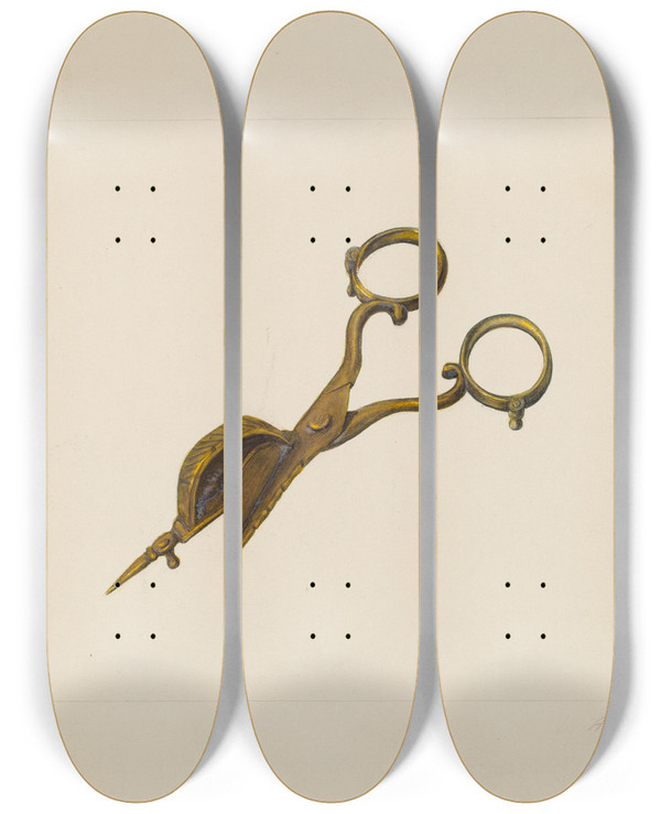 Triptych art skateboard deck of Ar Tolman Candle Snuffer by A R Tolman