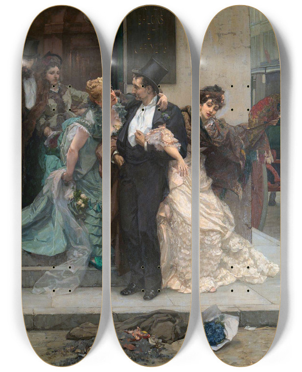 Triptych art skateboard deck of Charles Hermans At Dawn by Charles Hermans (1839-1924)