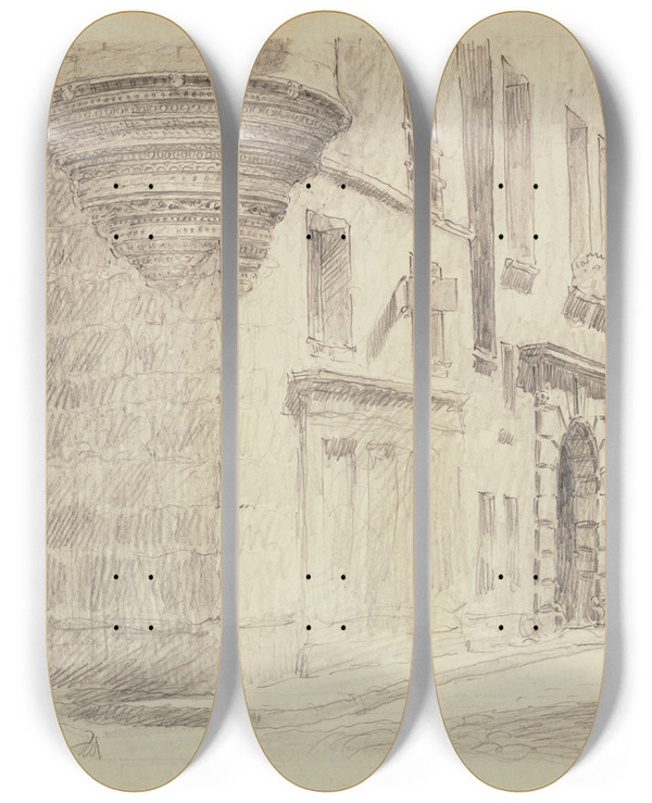 Triptych art skateboard deck of Ferdinand Boberg Maison 5 Rue Hautefeuille by Ferdinand Boberg (1860-1946)
