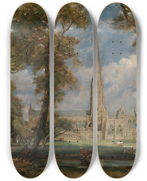 Triptych art skateboard deck of John Constable Salisbury Cathedral From The Bishops Grounds by John Constable (1776-1837)