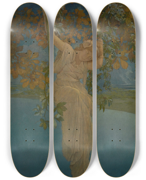 Triptych art skateboard deck of Maxfield Parrish Reveries by Maxfield Parrish (1870-1966)