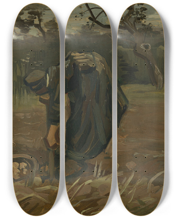 Triptych art skateboard deck of Vincent Van Gogh Peasant Woman Digging Potatoes by Vincent van Gogh (1853-1890)