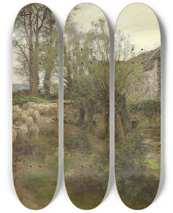 Triptych art skateboard deck of Lon Augustin Lhermitte Sortie Du Troupeau Du Rue Chailly by Lon Augustin Lhermitte (1844-1925)