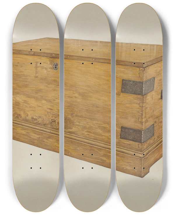 Triptych art skateboard deck of James Dwyer Wooden Chest by James Dwyer (1998-1973)