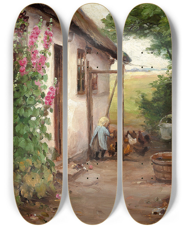 Triptych art skateboard deck of Hans Andersen Brendekilde Udenfor Bondehuset by Hans Andersen Brendekilde (1857-1942)