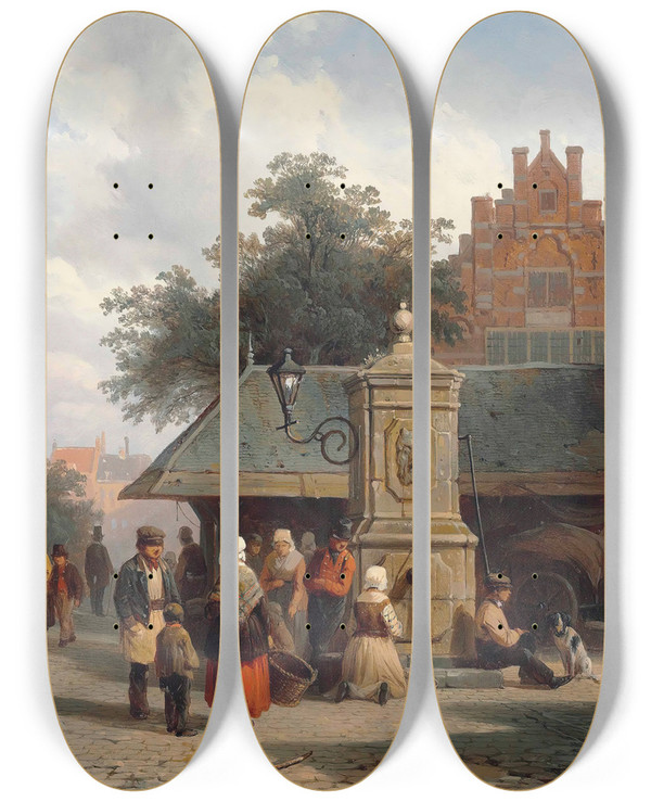 Triptych art skateboard deck of Cornelis Springer By The Well In A Dutch Town Square by Cornelis Springer (1817-1891)