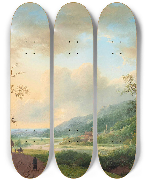 Triptych art skateboard deck of Marinus Adrianus Koekkoek Travellers On A Riverside Track At Dusk by Marinus Adrianus Koekkoek (1807-1868)