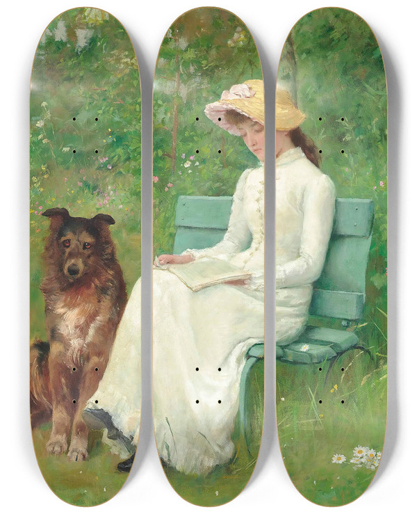 Triptych art skateboard deck of Edwin Harris A Quiet Moment by Edwin Harris (1855-1906)