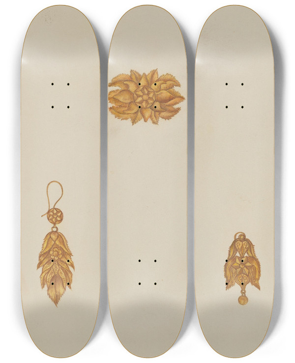 Triptych art skateboard deck of Vera Van Voris Brooch And Earrings by Vera Van Voris