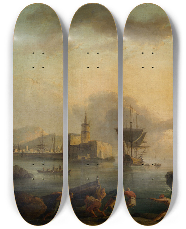 Triptych art skateboard deck of Claudejoseph Vernet Naples by Claude Joseph Vernet (1714-1789)