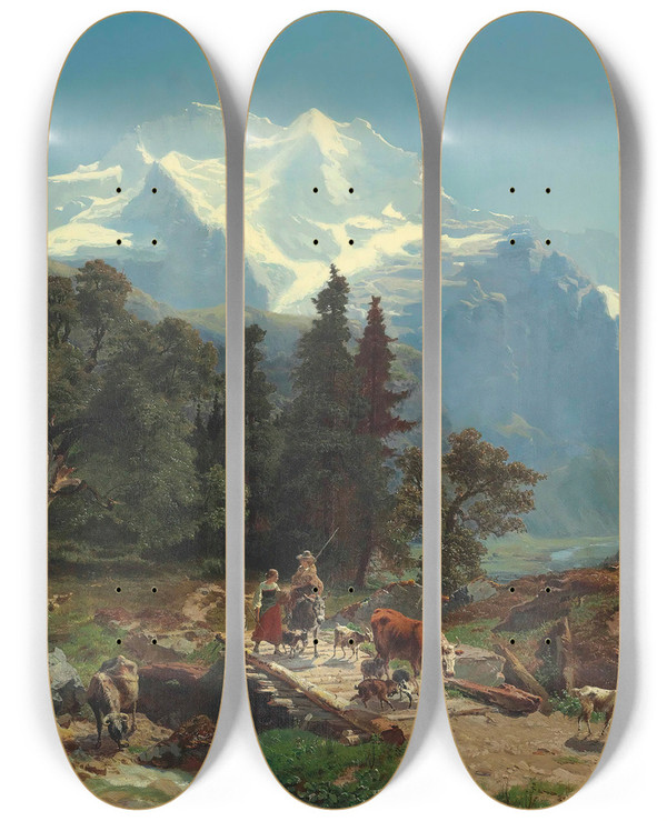 Triptych art skateboard deck of Carl Schweich Drovers On A Bridge In An Alpine Landscape by Carl Schweich (1823-1898)
