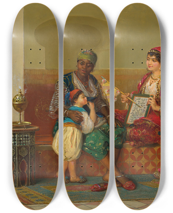 Triptych art skateboard deck of Jan Baptist Huysmans Learning To Read by Jan Baptist Huysmans (1654-1716)