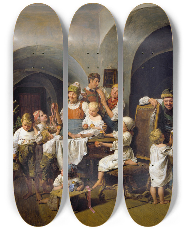 Triptych art skateboard deck of Ferdinand Georg Waldmller Christmas Morning by Ferdinand Georg Waldmuller (1793-1865)