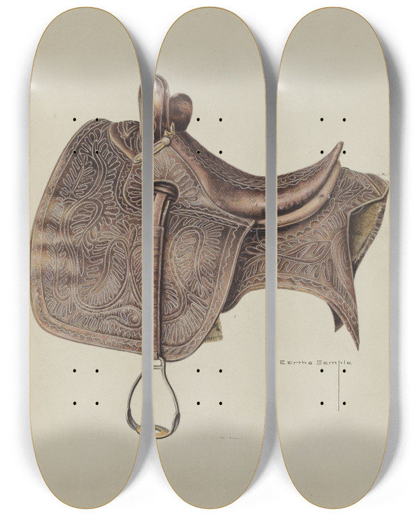 Triptych art skateboard deck of Bertha Semple Side Saddle by Bertha Semple