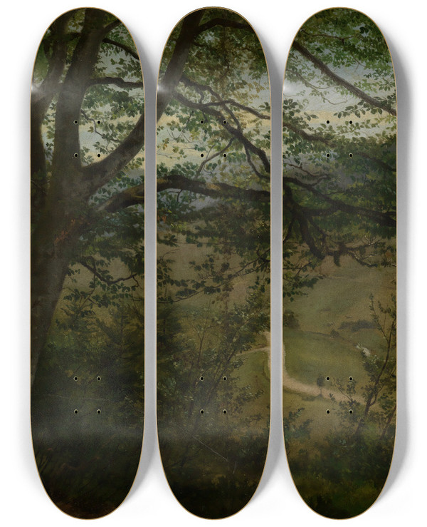 Triptych art skateboard deck of Hans Thoma Blick Durch Bume Und Gestruch Auf Tal by Hans Thoma (1839-1924)