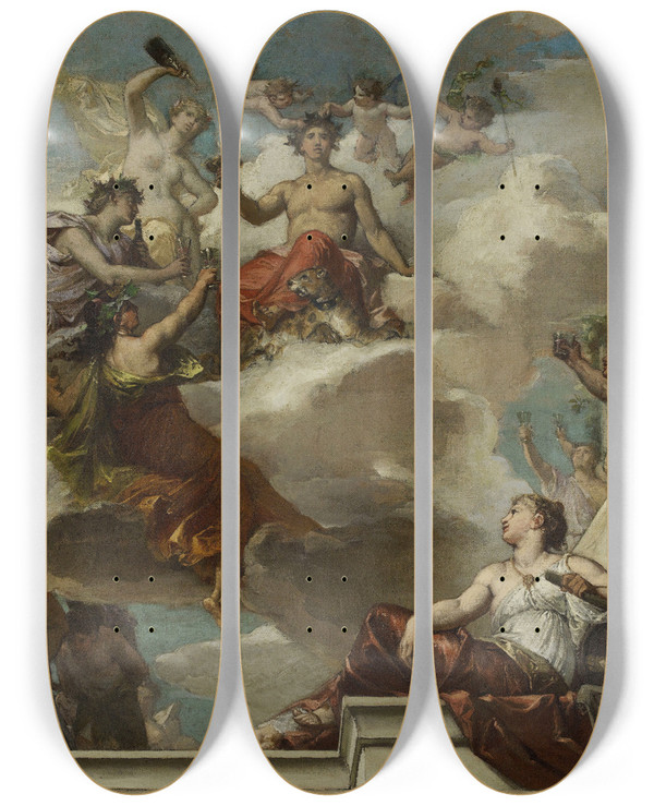 Triptych art skateboard deck of Alexisjoseph Mazerolle Le Triomphe De Bacchus by Alexis Joseph Mazerolle (1826-1889)