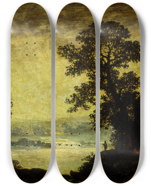 Triptych art skateboard deck of Ralph Albert Blakelock Moonlight Indian Encampment by Ralph Albert Blakelock (1847-1919)