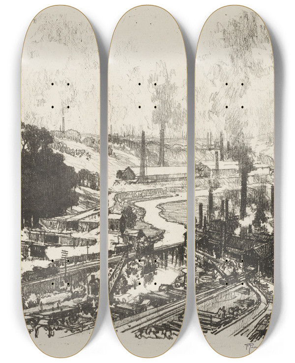Triptych art skateboard deck of Joseph Pennell Munition Works by Joseph Pennell (1857-1926)