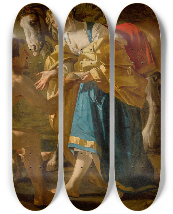 Triptych art skateboard deck of Dirck Van Baburen Granida And Daifilo by Dirck Van Baburen (1595-1624)