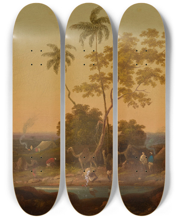 Triptych art skateboard deck of Sir Charles Doyly An Encampment At Dusk_1 by Sir Charles Doyly (1781-1845)