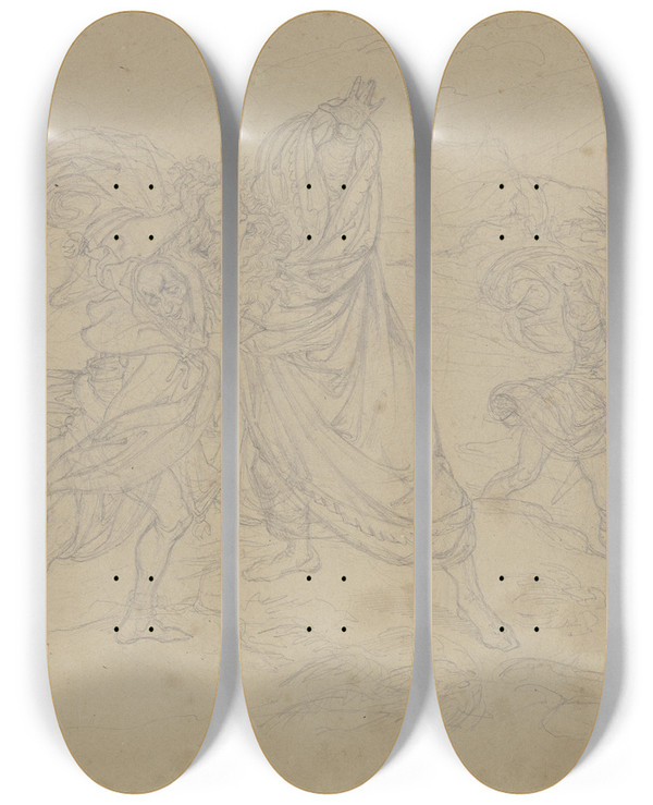 Triptych art skateboard deck of Ferdinand Fellner King Lear In The Storm by Ferdinand Fellner (1799-1859)