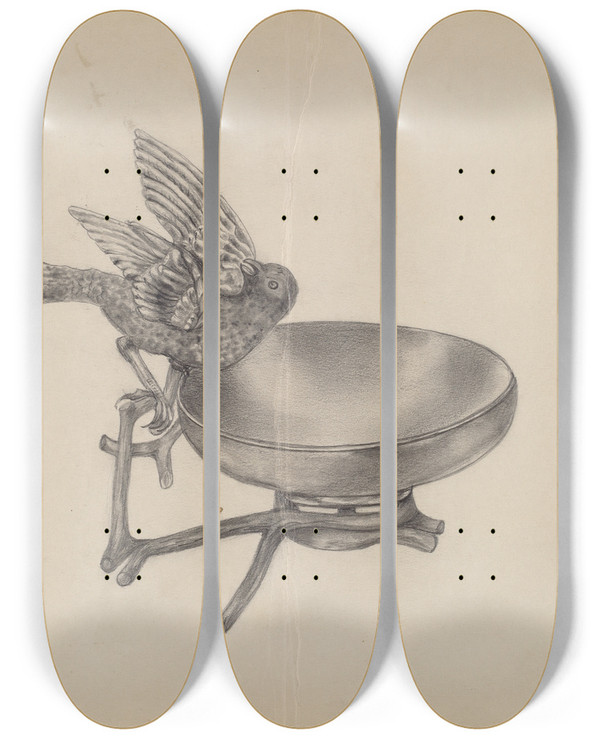 Triptych art skateboard deck of Florence Stevenson Card Tray by Florence Stevenson