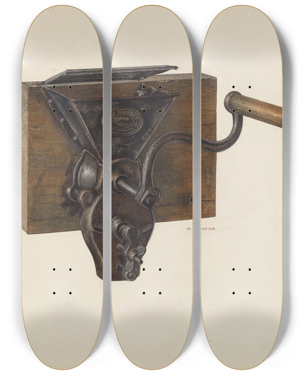 Triptych art skateboard deck of Milton Bevier Coffee Mill by Milton Bevier