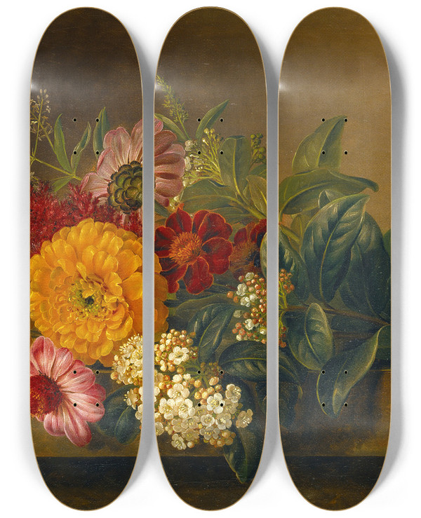 Triptych art skateboard deck of Johan Laurentz Jensen Flowers In A Vase On A Marble Tabletop by Johan Laurentz Jensen 2 (1800-1856)