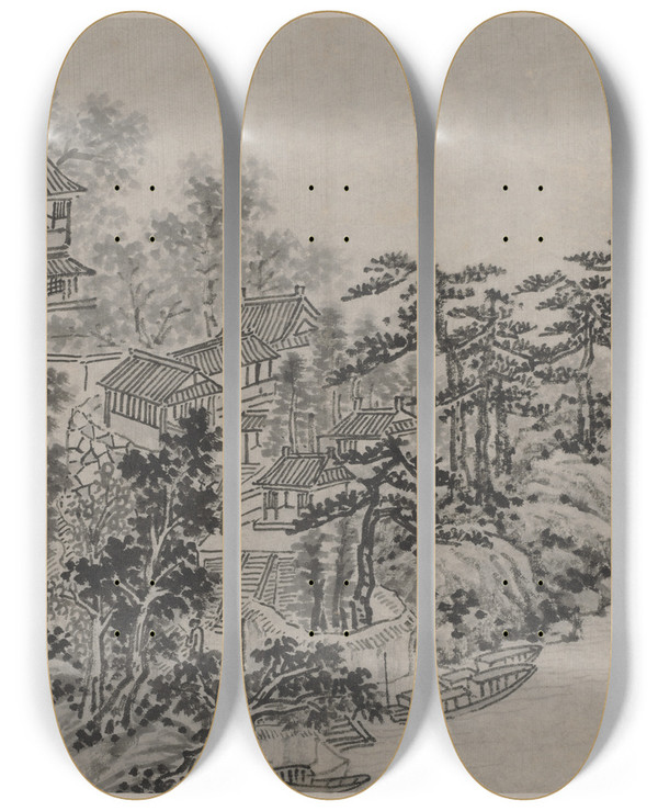 Triptych art skateboard deck of Shen Zhou Cloudclimbing Pavilion by Shen Zhou (1427-1509)