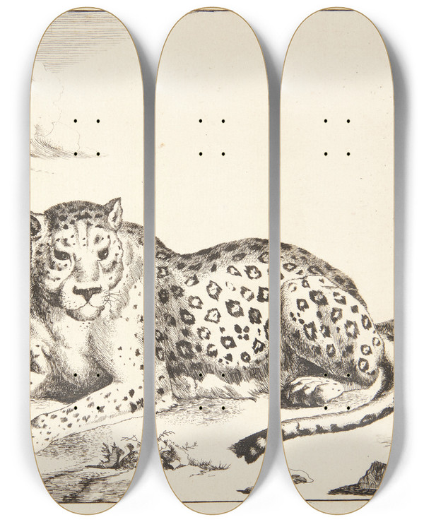 Triptych art skateboard deck of Marcus De Bye Liggende Leopard Vendt Mod Venstre by Marcus de Bye (1638-1688)