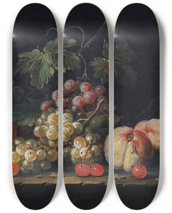 Triptych art skateboard deck of George William Sartorius Grapes Peaches And Cherries On A Stone Ledge by George William Sartorius (1759-1828)