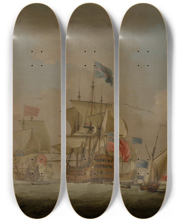 Triptych art skateboard deck of Peter Monamy British Menofwar And A Sloop by Peter Monamy (1681-1749)