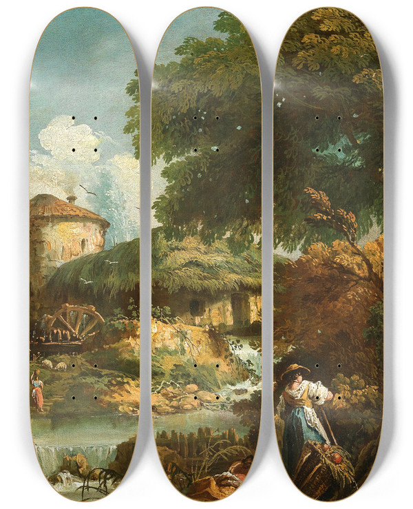 Triptych art skateboard deck of Antonio Diziani A River Landscape With Figures A Watermill Beyond by Antonio Diziani (1737-1797)