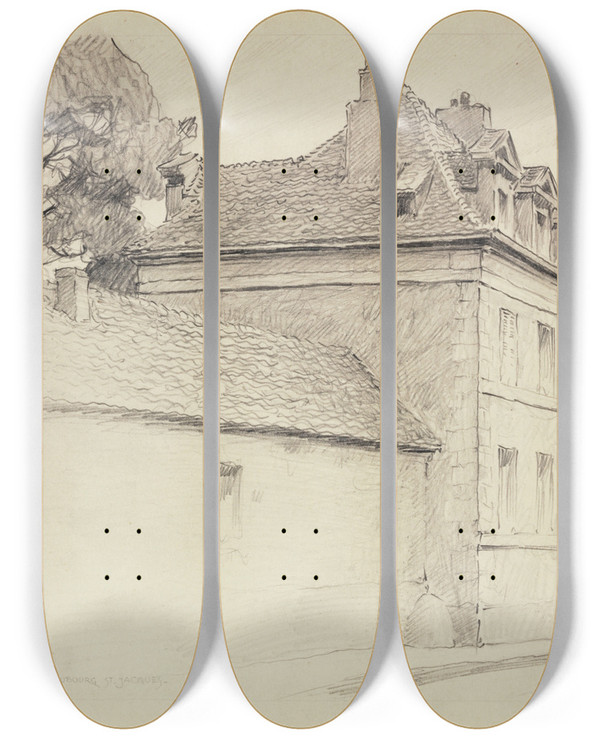 Triptych art skateboard deck of Ferdinand Boberg Maison 2 Rue Du Faubourg Saintjacques by Ferdinand Boberg (1860-1946)