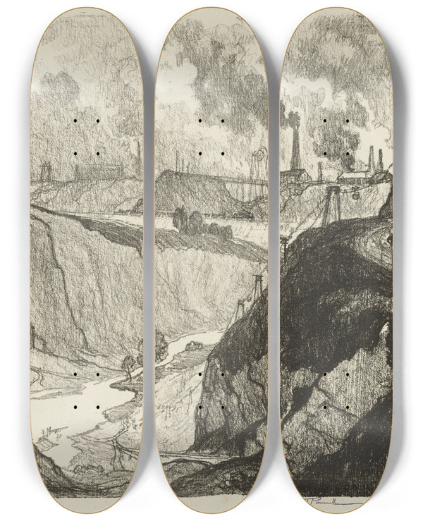 Triptych art skateboard deck of Joseph Pennell The Iron Mine by Joseph Pennell (1857-1926)