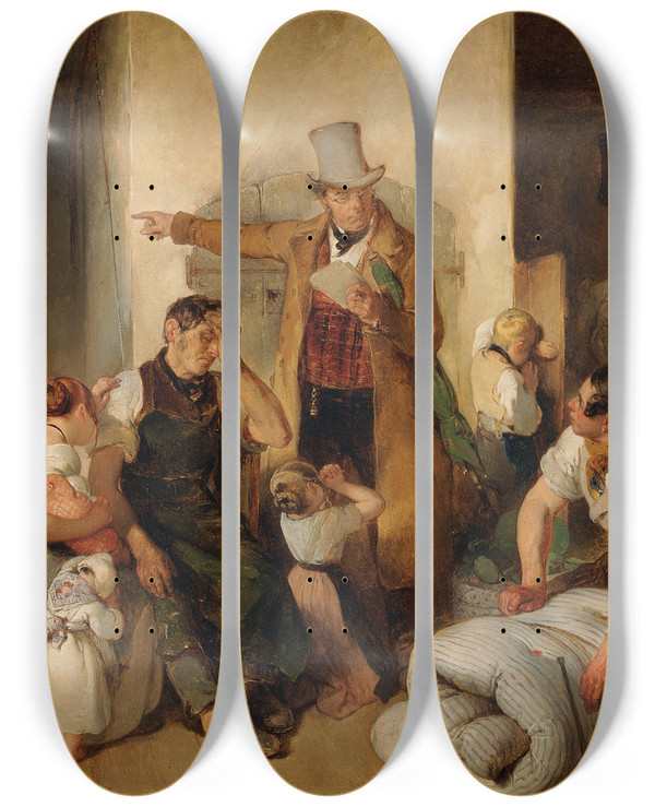 Triptych art skateboard deck of Peter Fendi Die Pfndung by Peter Fendi (1796-1842)