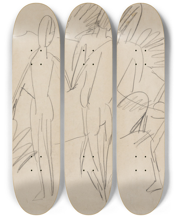 Triptych art skateboard deck of Ernst Ludwig Kirchner Four Figures On The Fehmarn Beach by Ernst Ludwig Kirchner (1880-1938)