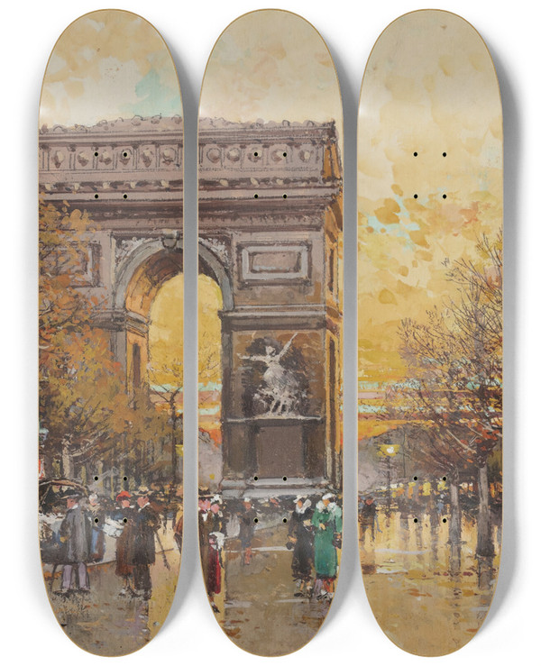 Triptych art skateboard deck of Eugne Galienlaloue Arc De Triomphe In The Fall by Eugene Galien Laloue (1854-1941)