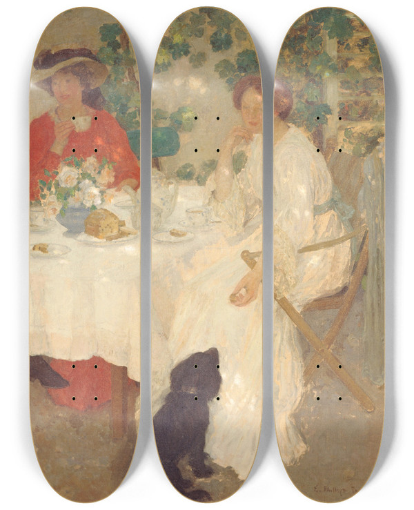 Triptych art skateboard deck of E Phillips Fox Al Fresco by E Phillips Fox (1865-1915)