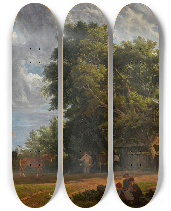 Triptych art skateboard deck of John James Chalon The Haywain by John James Chalon (1778-1854)