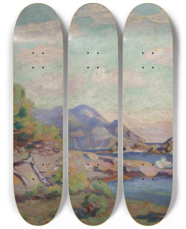 Triptych art skateboard deck of Armand Guillaumin La Pointe Du Lou Gaou by Armand Guillaumin (1841-1927)