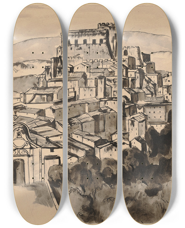 Triptych art skateboard deck of Hermann Lismann Soriano Nel Cimino by Hermann Lismann (1878-1943)